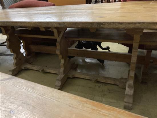 A Victorian style rectangular pine refectory table and a two bench seats, table width 203cm, depth 69cm, height 76cm